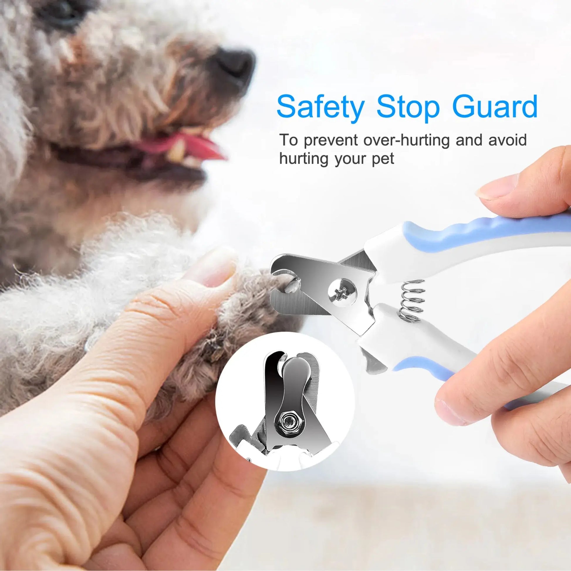 Dog Nail Clippers – White and blue handled pet nail clippers on white background – Professional dog nail clippers – Rosie's Pet Paradise