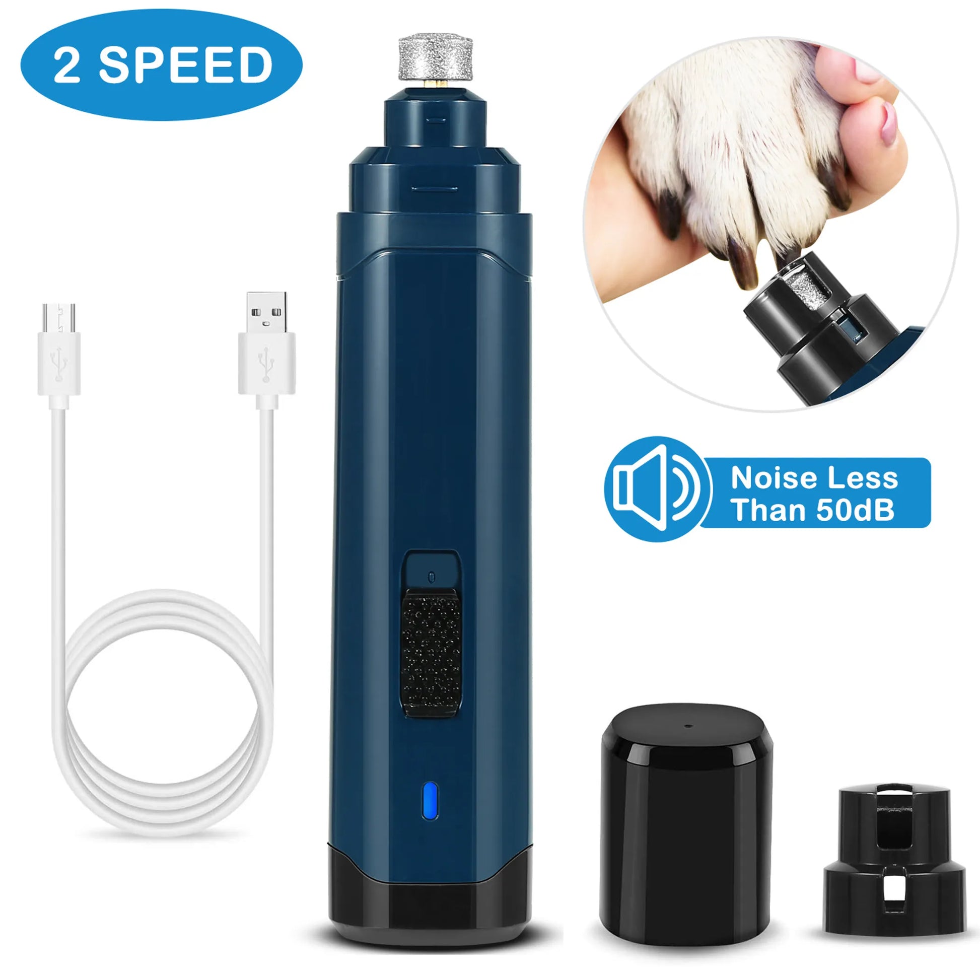 Blue electronic device with attachments and cable, labeled '2 Speed' and 'Noise Less Than 50dB'.