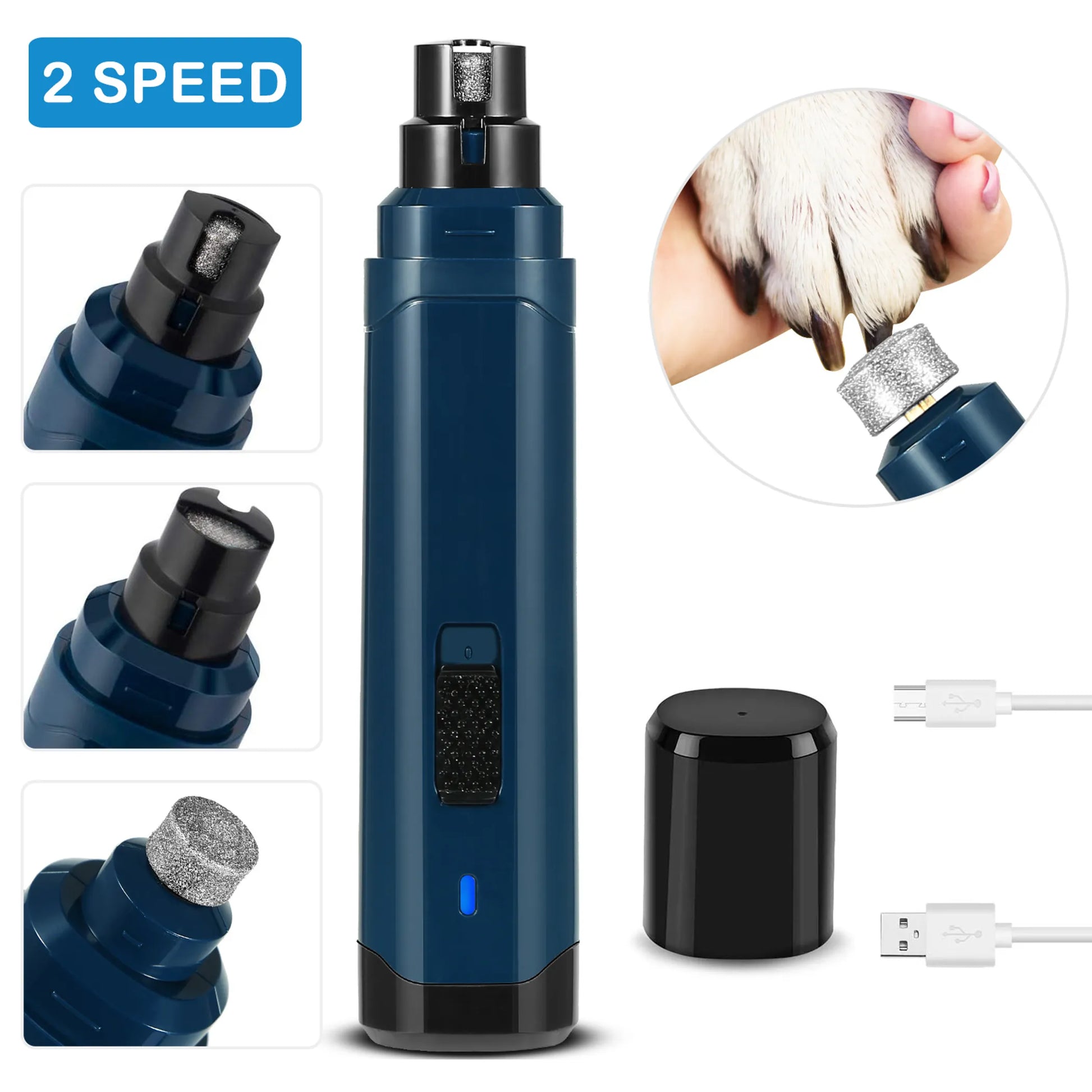 Blue grooming tool with attachments and charging cable on a white background