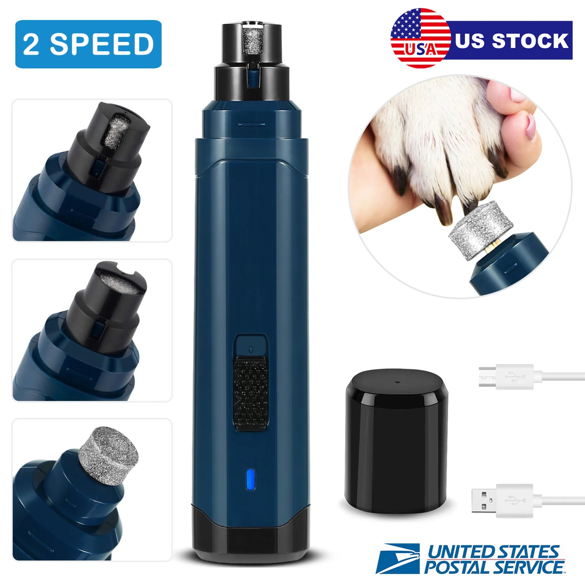 Blue pet nail grinder with attachments and usage on a white background