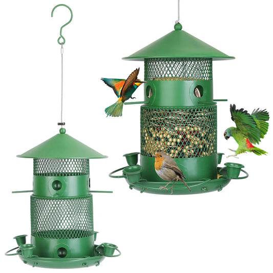 Green bird feeder with birds perched on it against a white background