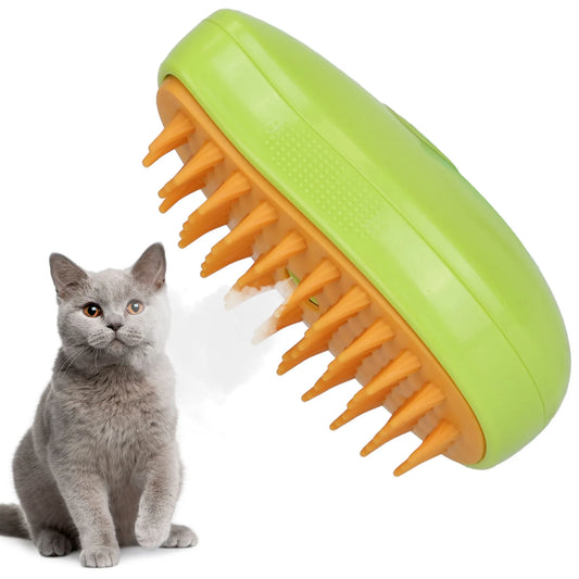“3-in-1 USB-rechargeable cat grooming brush with spray feature.”