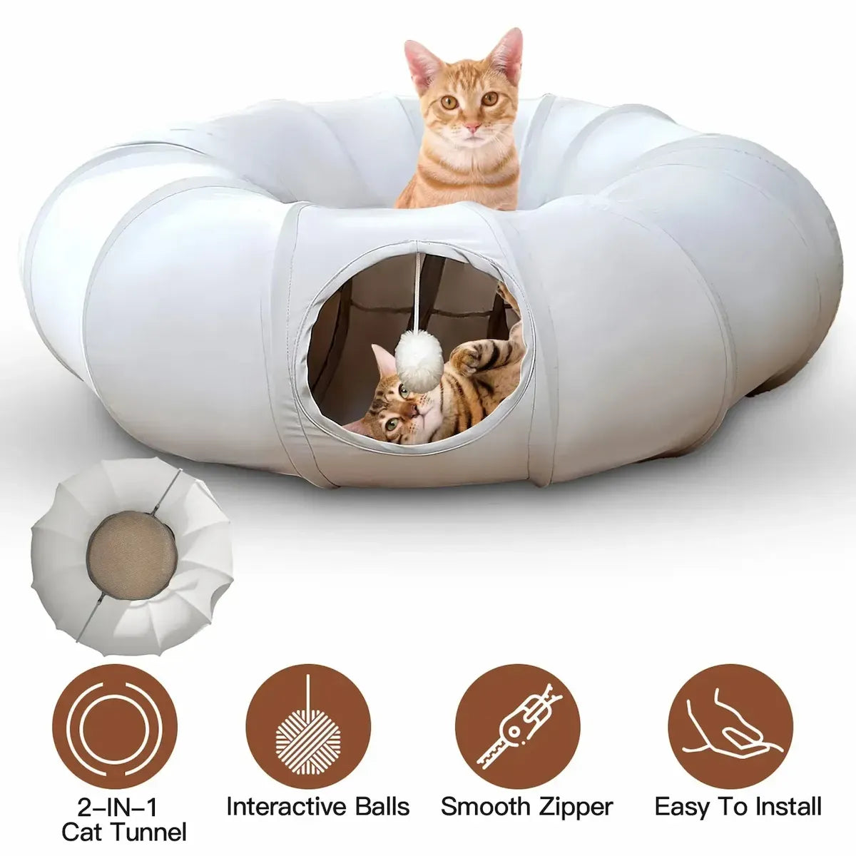 White cat tunnel with interactive balls and features on a white background