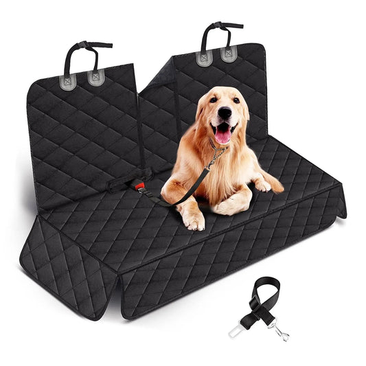 Waterproof Scratchproof Dog Car Seat Cover – Black quilted cover with dog sitting on it on white background – Rosie's Pet Paradise