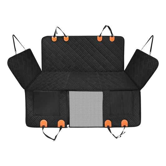 Dog Car Seat Cover for Back Seat – Black cover with orange hooks on white background – Rosie's Pet Paradise