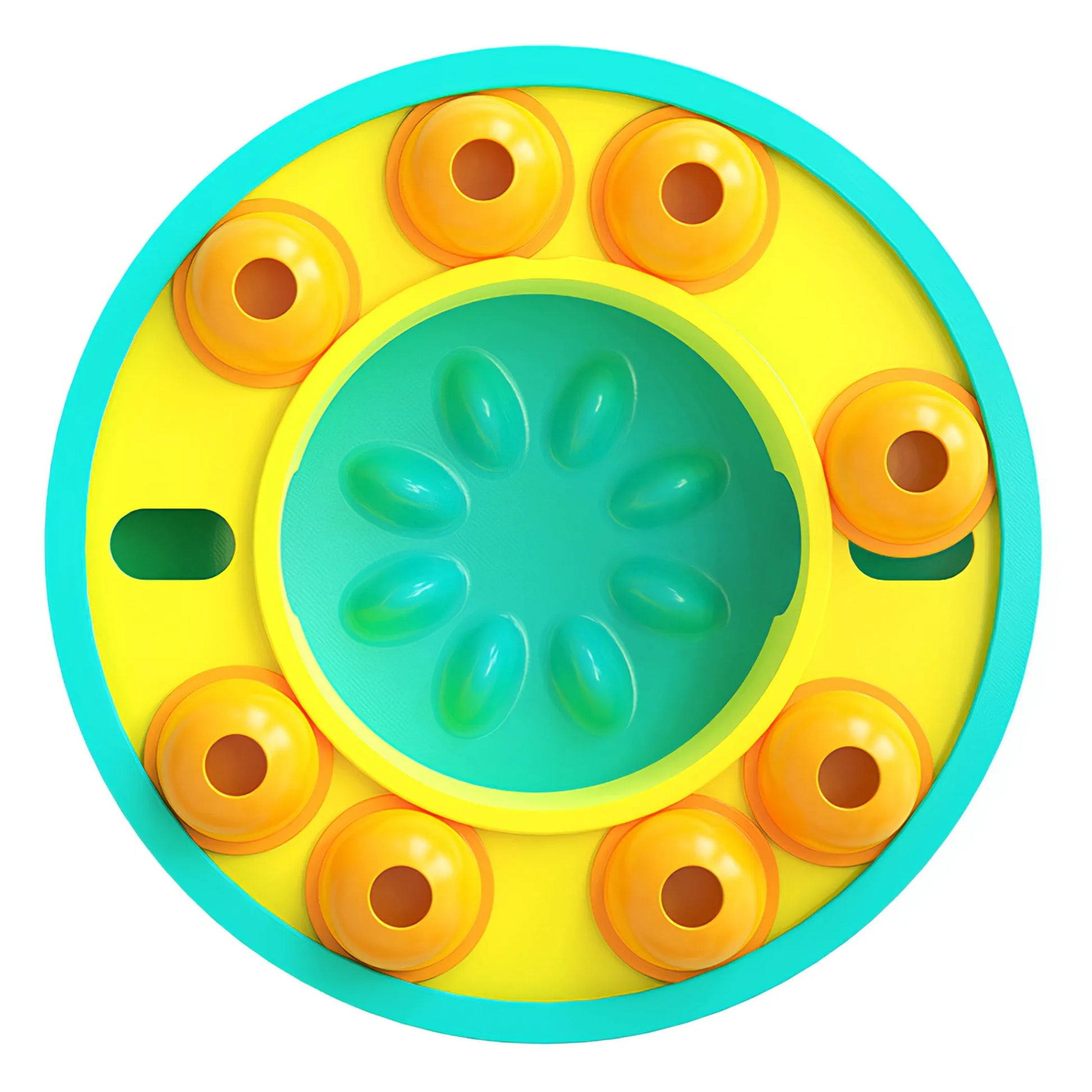 Colorful circular toy with yellow center and orange rings on a white background
