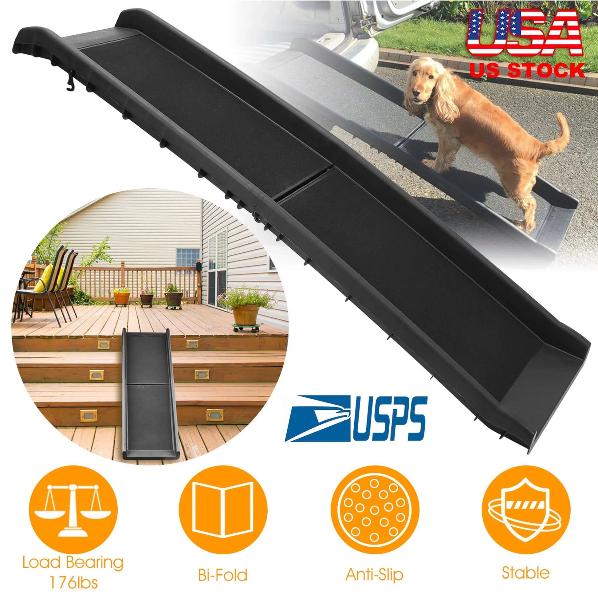 Black rolling ramp with images of a dog using it, a deck scene, and USPS logo on a white background.