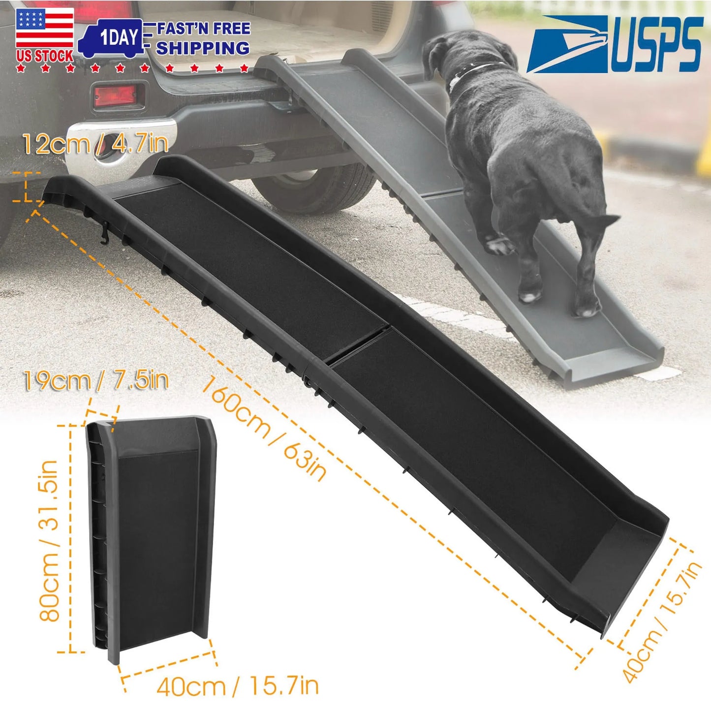Dog ramp with measurements and USPS logo, showing a dog using the ramp.