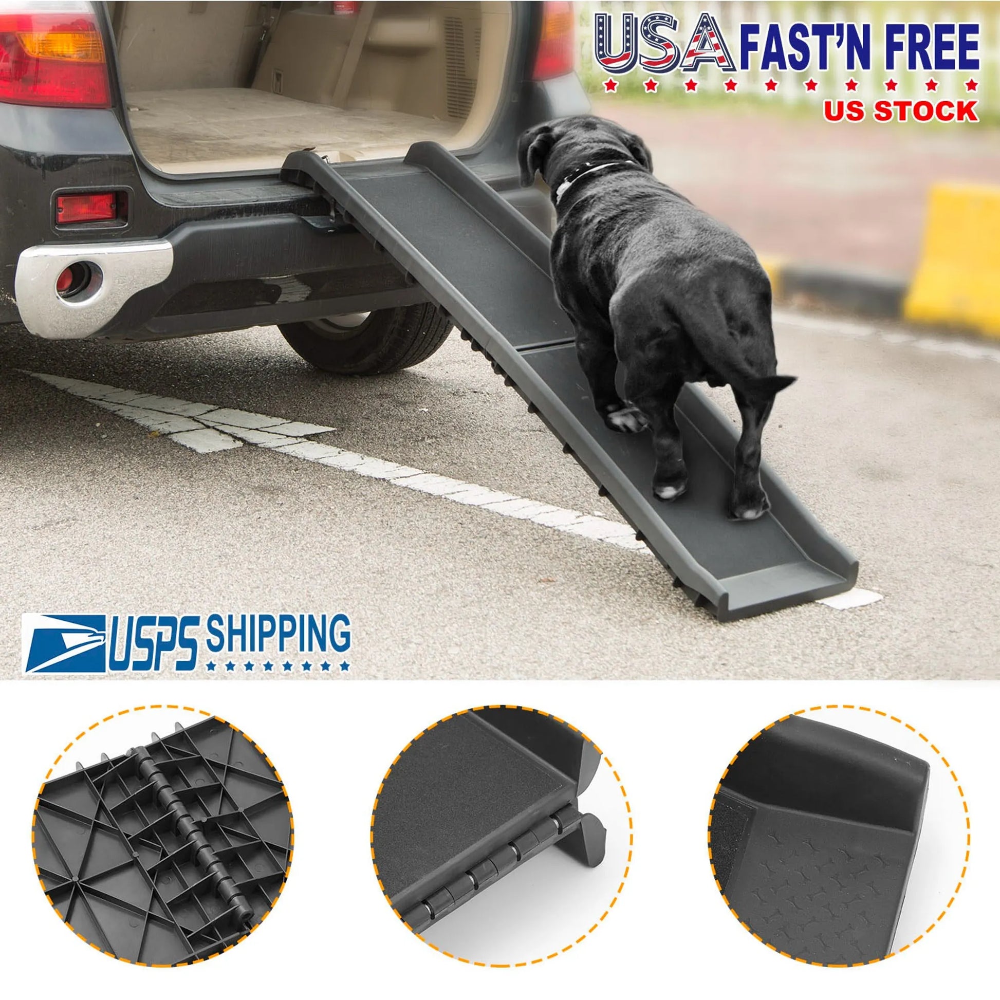 Dog using a car ramp with 'USA Fast'n Free' and 'USPS Shipping' text on a car and pavement background.