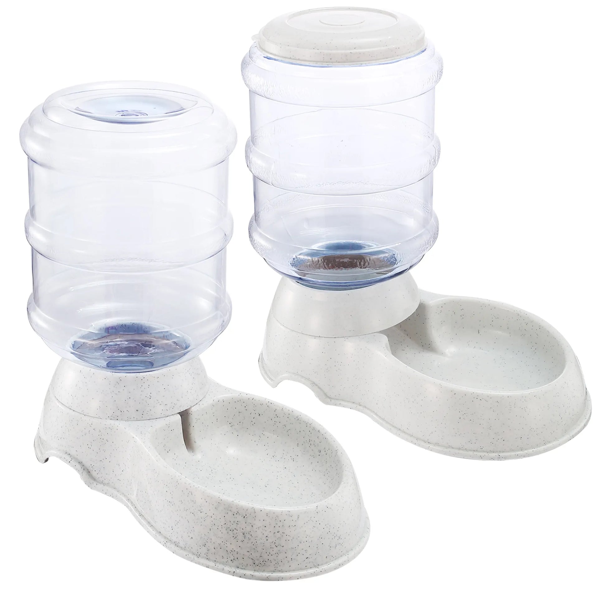 Pet water and food dispenser with two containers on a white background