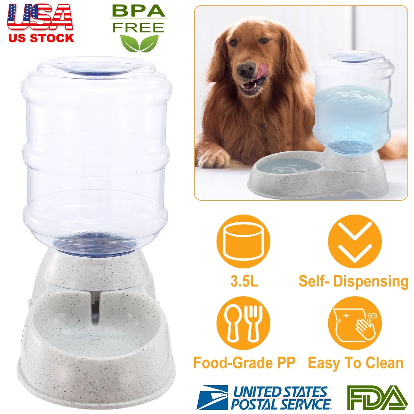 Pet water and food dispenser with a dog, USA stock, BPA-free, 3.5L capacity, self-dispensing, food-grade PP, easy to clean, and FDA approval logos.