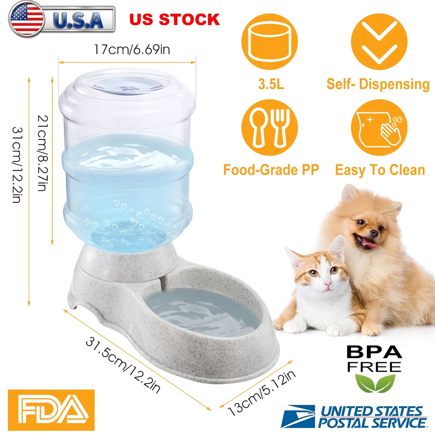 Pet water and food dispenser with measurements and features on a white background