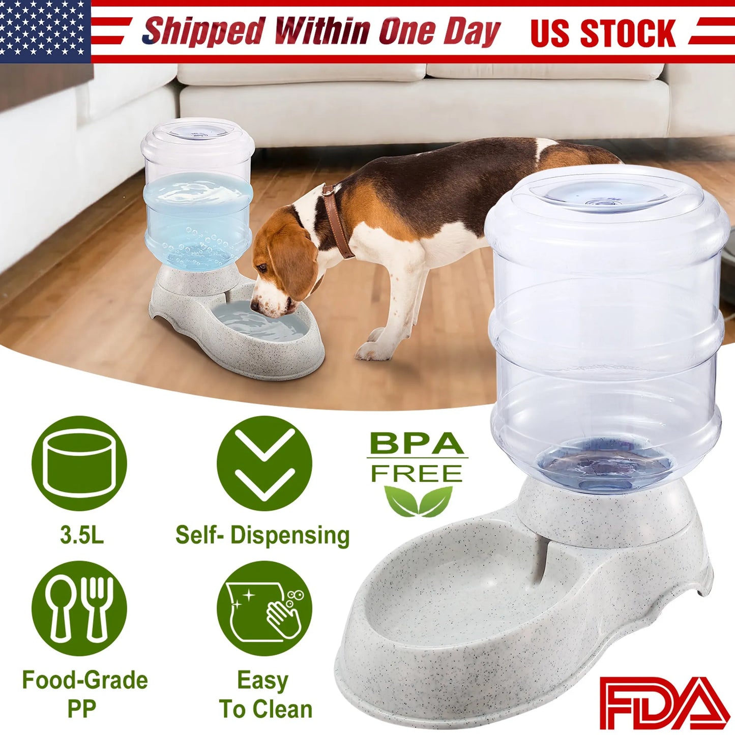 Pet water and food dispenser with a dog drinking from it, displayed on a white background.