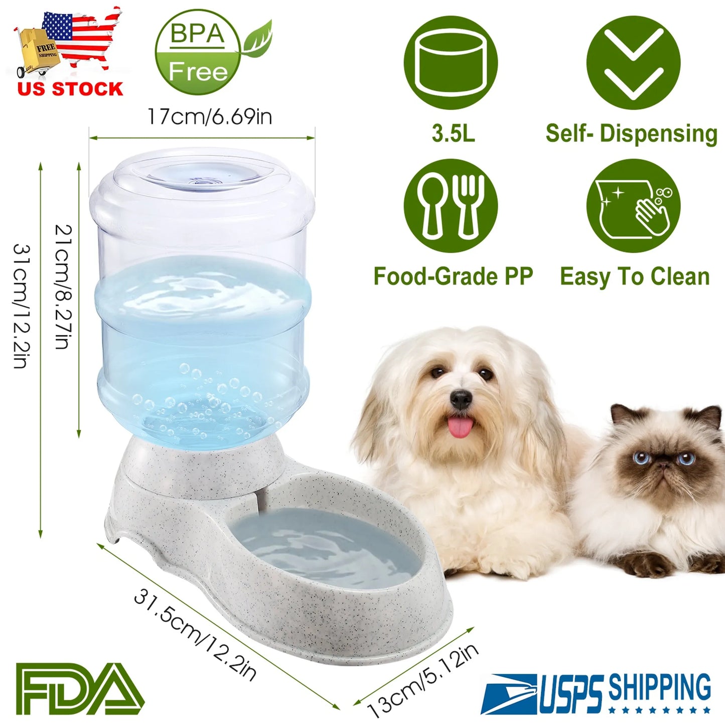 Pet feeding and water bowl with dimensions and features on a white background
