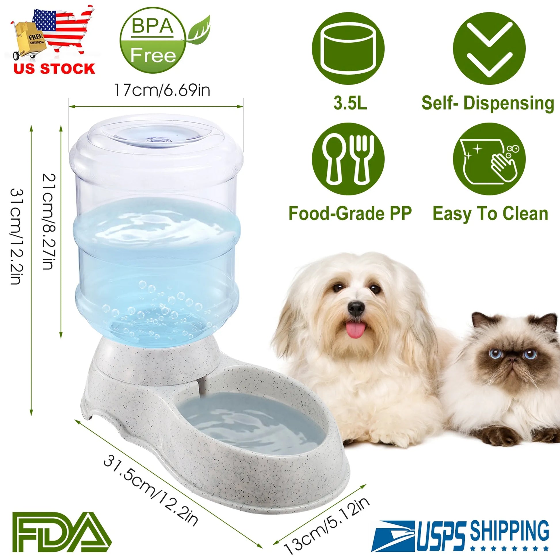 Pet feeding and water bowl with dimensions and features on a white background