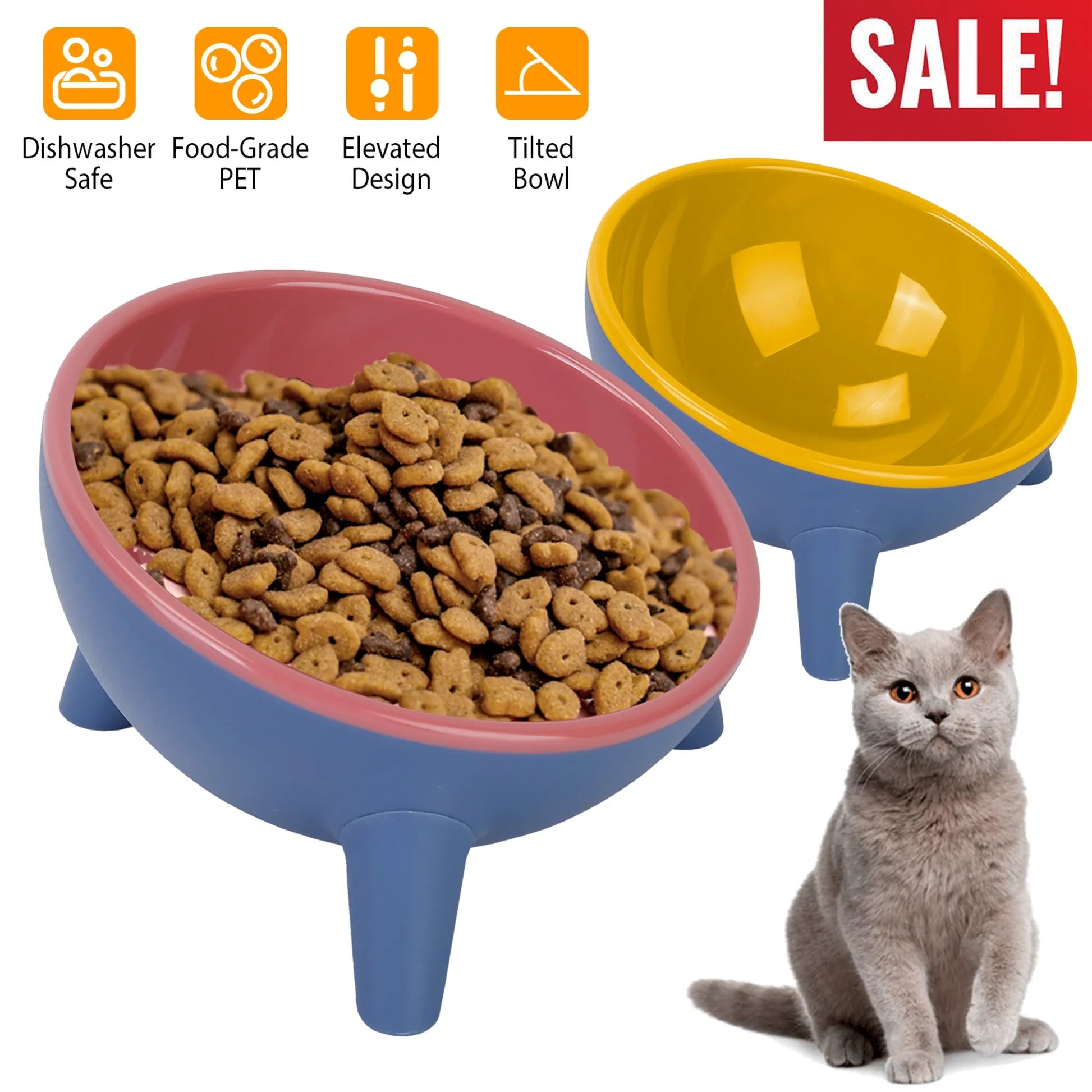 Pet food bowl with cat, features listed, and 'SALE!' banner on a white background