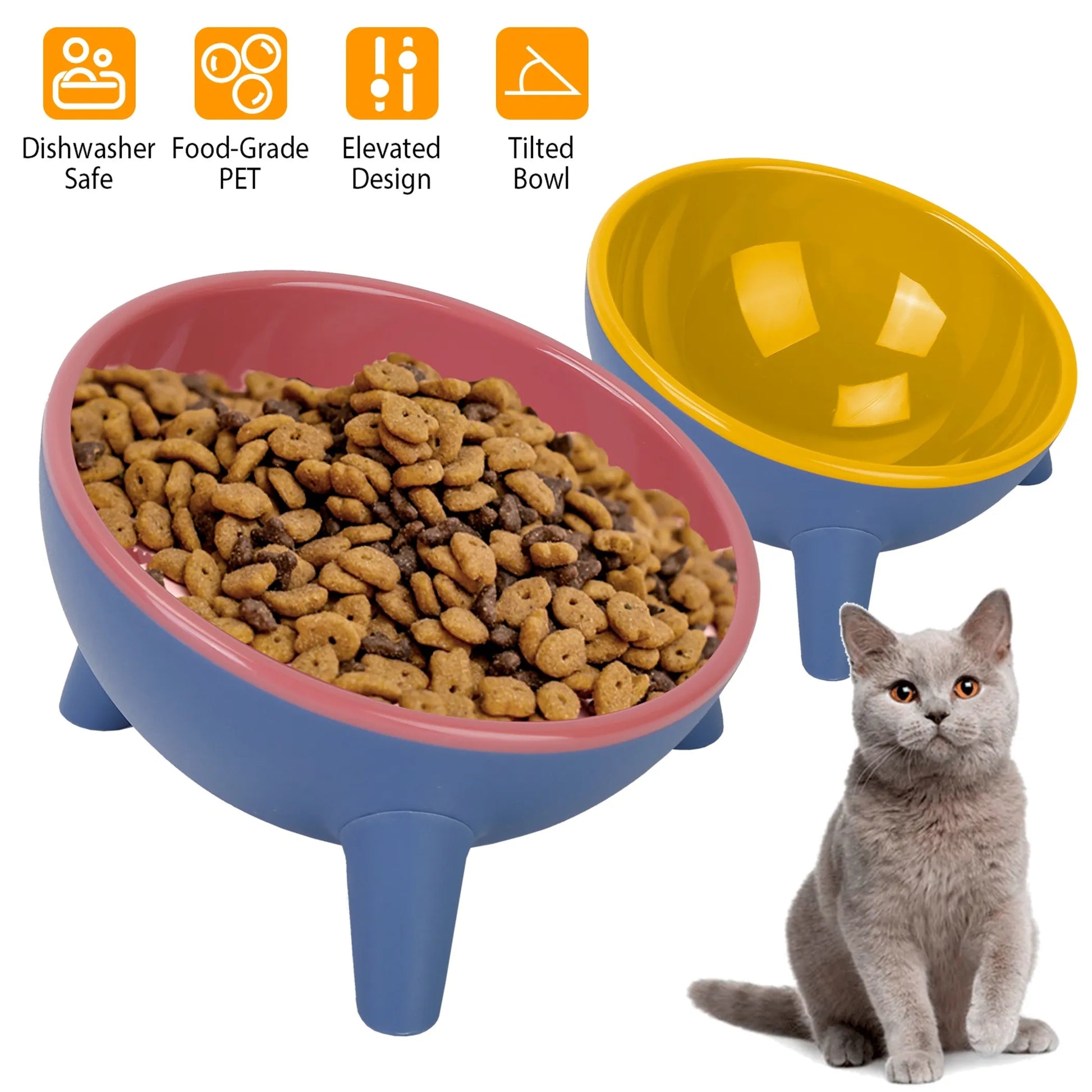 Pet food bowl with elevated design, dishwasher safe, food-grade PET, elevated design, tilted bowl features, cat sitting next to it.