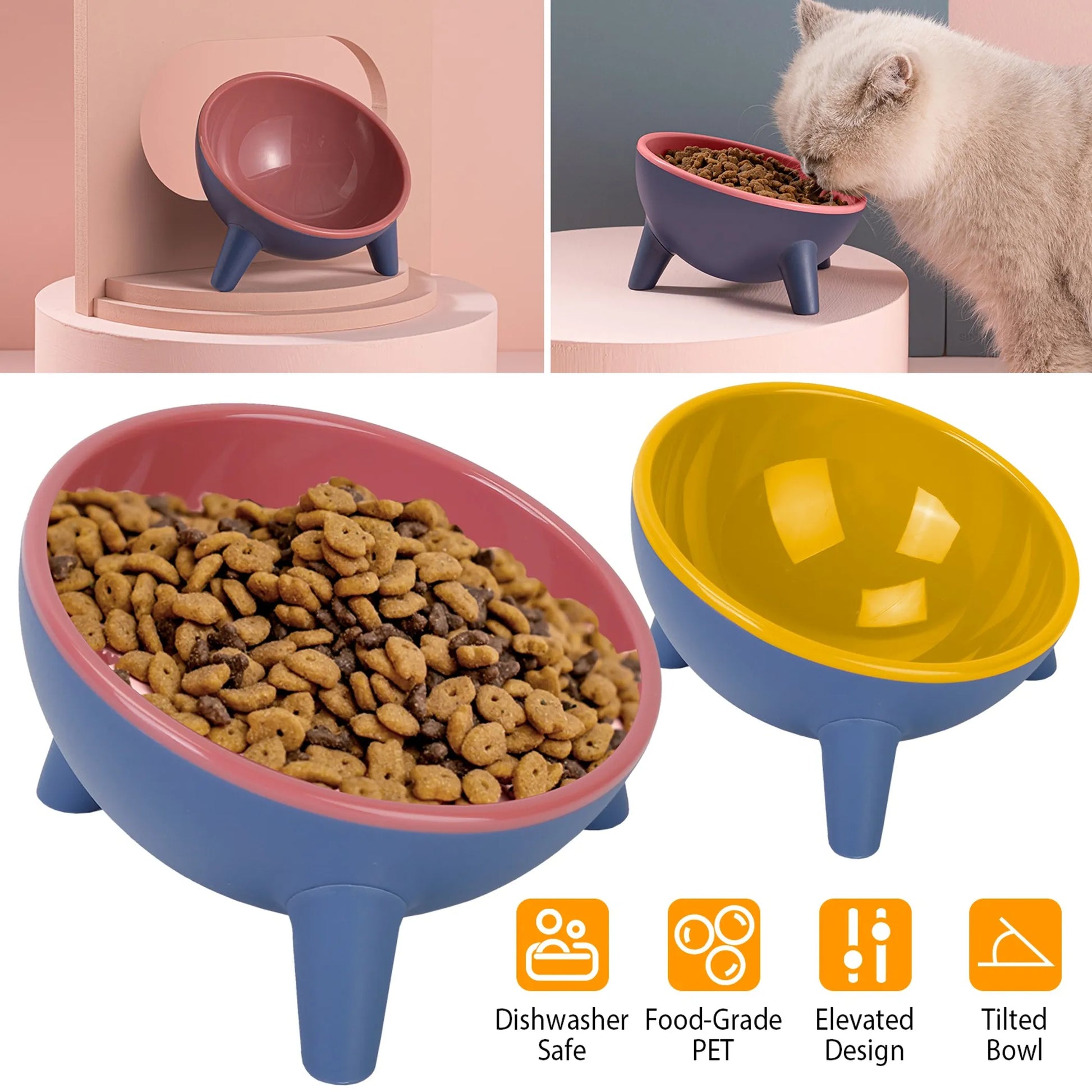 Collage of a cat eating from a raised pet bowl, with close-ups of the bowl and food.
