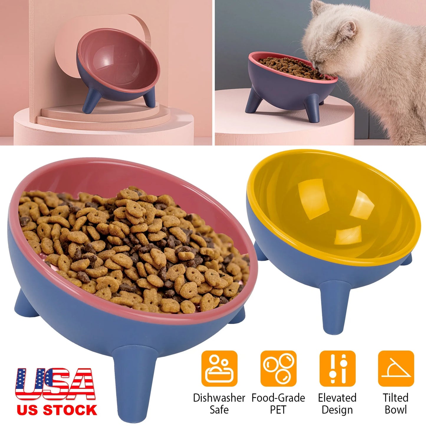 Collage of pet bowls with a cat eating, showing different angles and features.
