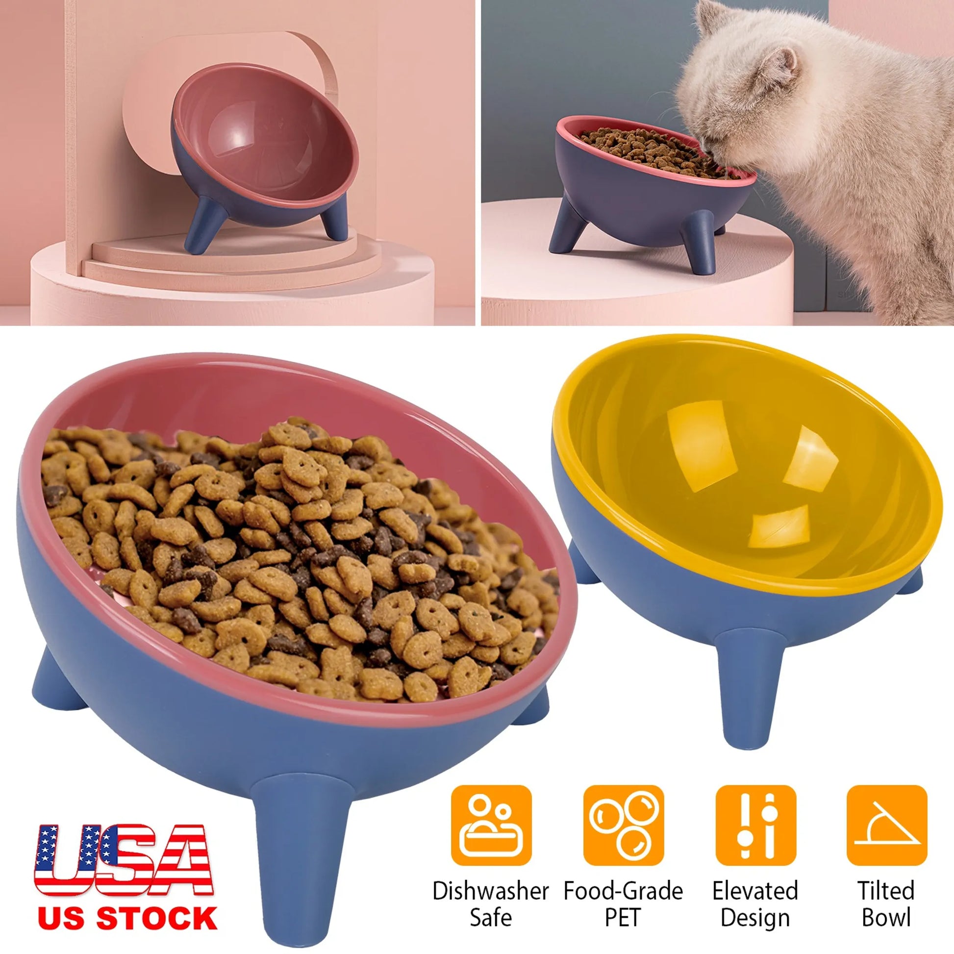 Collage of pet bowls with a cat eating, showing different angles and features.
