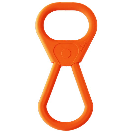 SodaPup Pop Top Rubber Tug Toy – Orange rubber tug toy with brand logo on white background – Interactive dog tug toy – Rosie's Pet Paradise