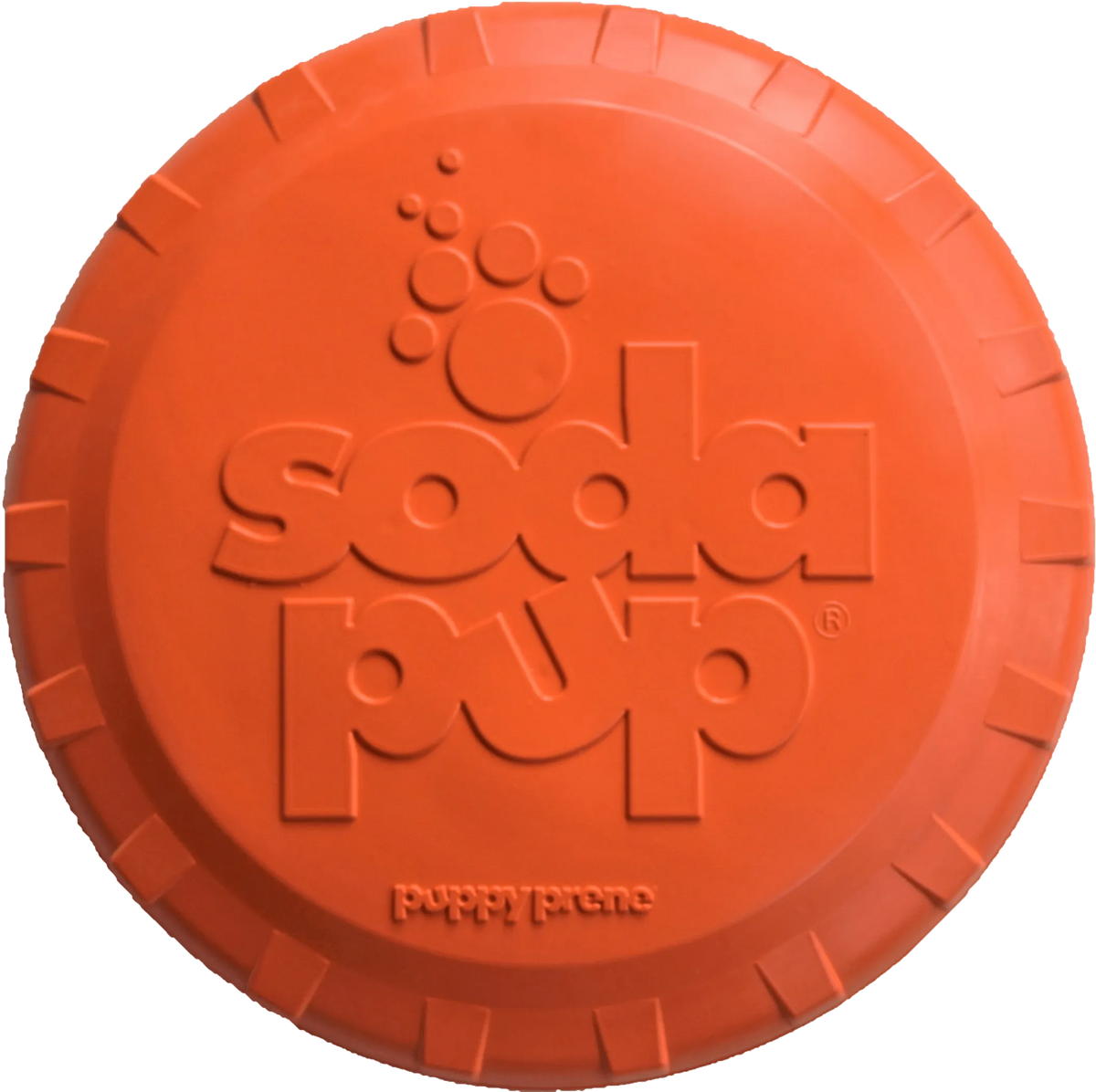 Orange frisbee with 'soda pup' branding on a white background