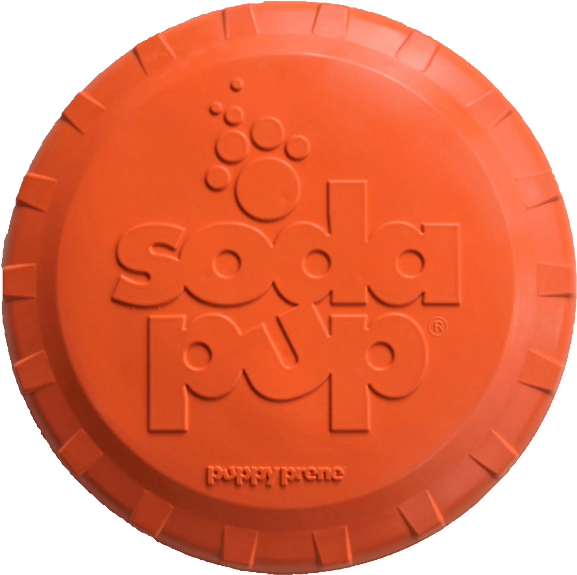 Orange frisbee with 'soda pup' branding on a white background