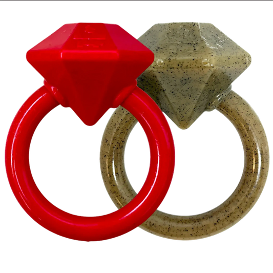 Diamond Ring Nylon Teething Ring for Puppies – Red and beige diamond chew rings on white background – Puppy teething toy – Rosie's Pet Paradise