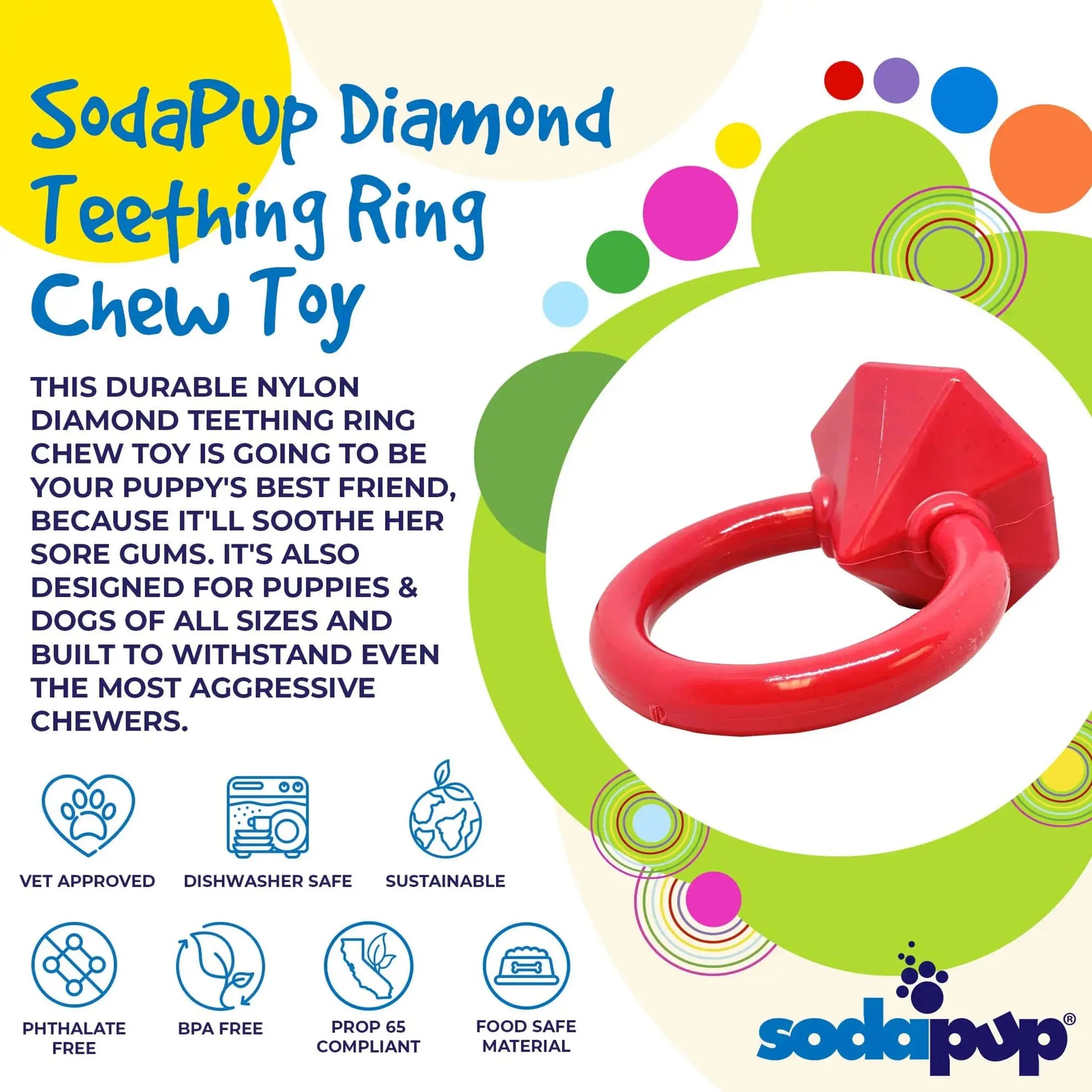 Diamond Ring Nylon Teething Ring for Puppies – Red and beige diamond chew rings on white background – Puppy teething toy – Rosie's Pet Paradise