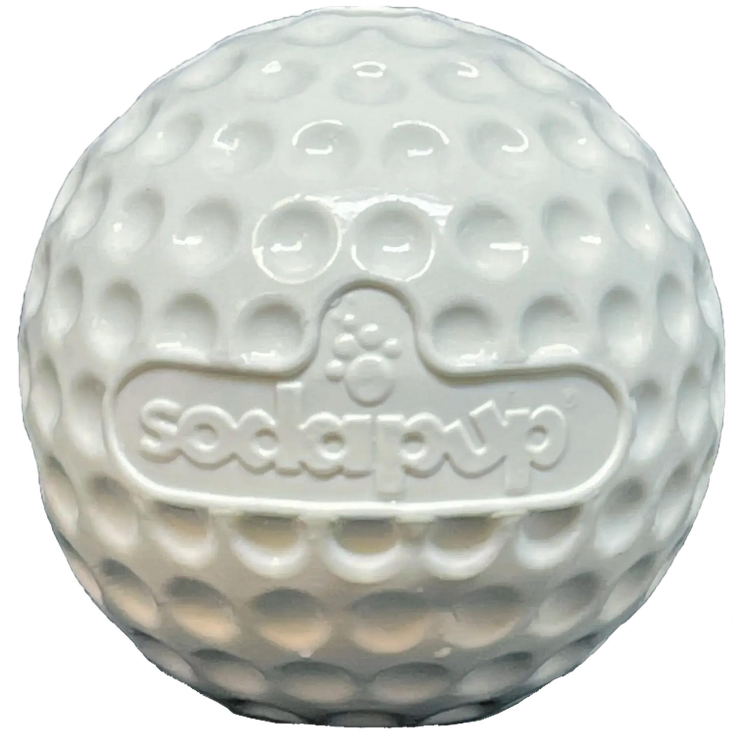 SodaPup Golf Ball Pup-X Treat Dispenser – White textured rubber ball with SodaPup branding on white background – Rosie's Pet Paradise