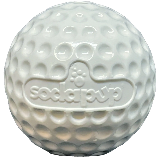 SodaPup Golf Ball Pup-X Treat Dispenser – White textured rubber ball with SodaPup branding on white background – Rosie's Pet Paradise