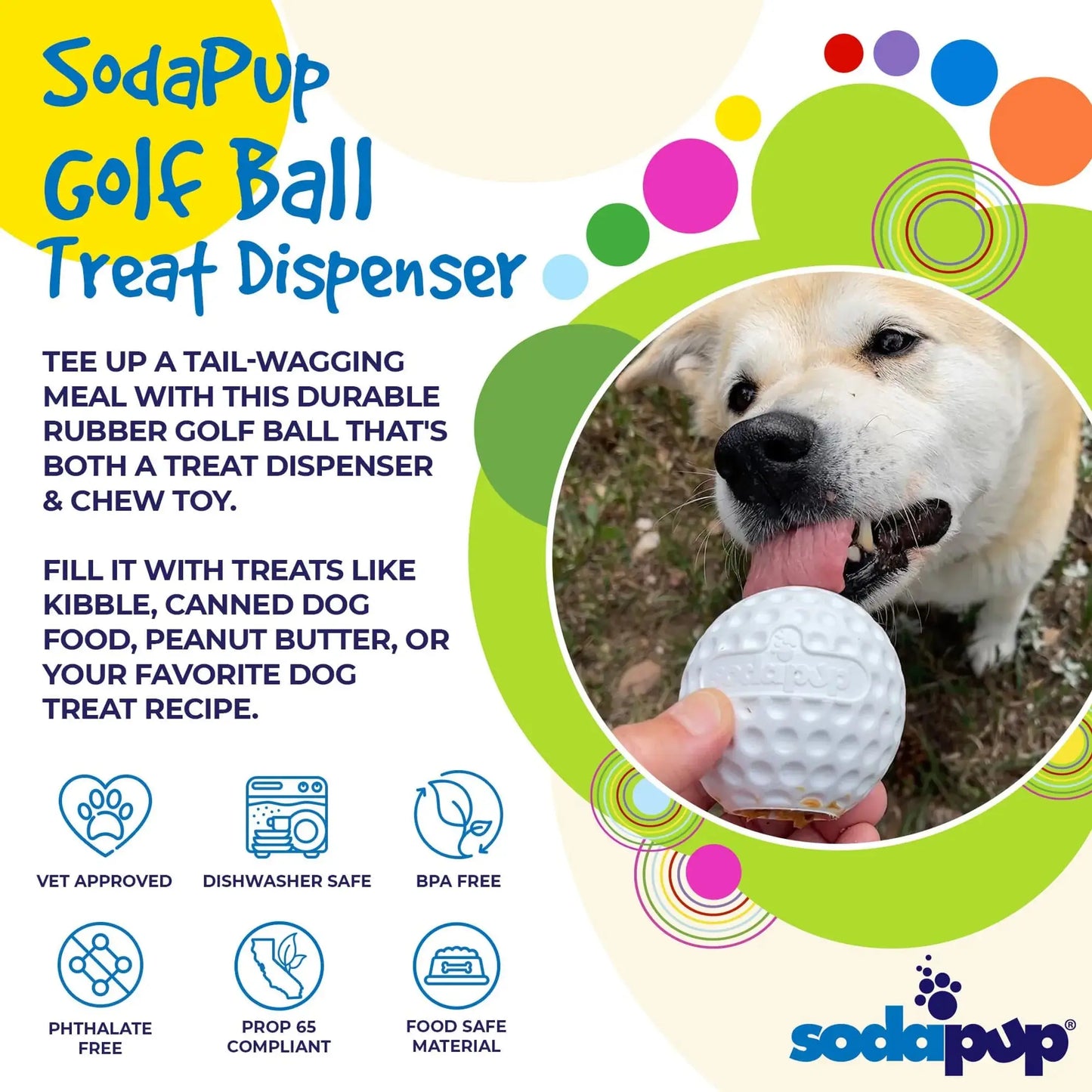 SodaPup Golf Ball Pup-X Treat Dispenser – White textured rubber ball with SodaPup branding on white background – Rosie's Pet Paradise