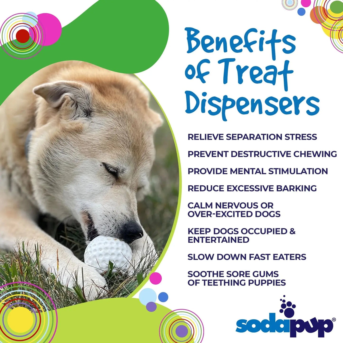 SodaPup Golf Ball Pup-X Treat Dispenser – White textured rubber ball with SodaPup branding on white background – Rosie's Pet Paradise