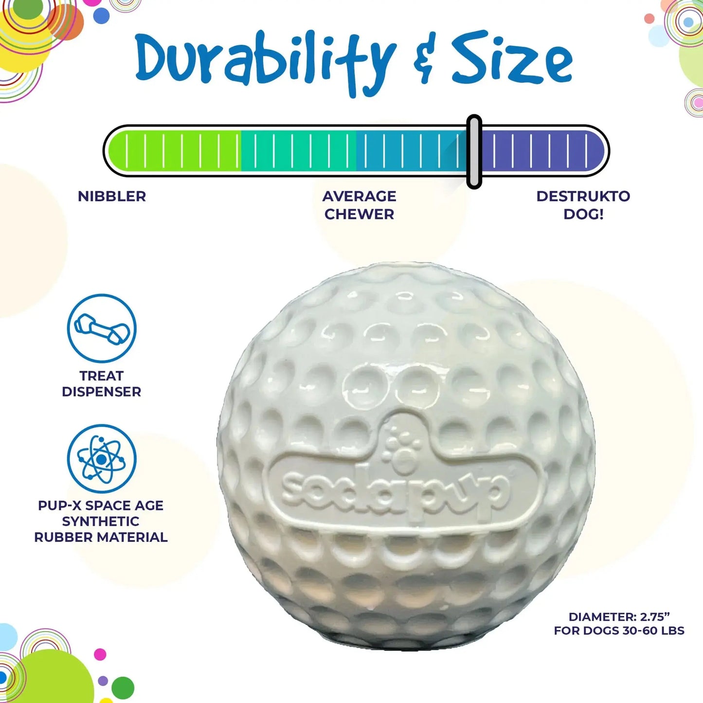 SodaPup Golf Ball Pup-X Treat Dispenser – White textured rubber ball with SodaPup branding on white background – Rosie's Pet Paradise