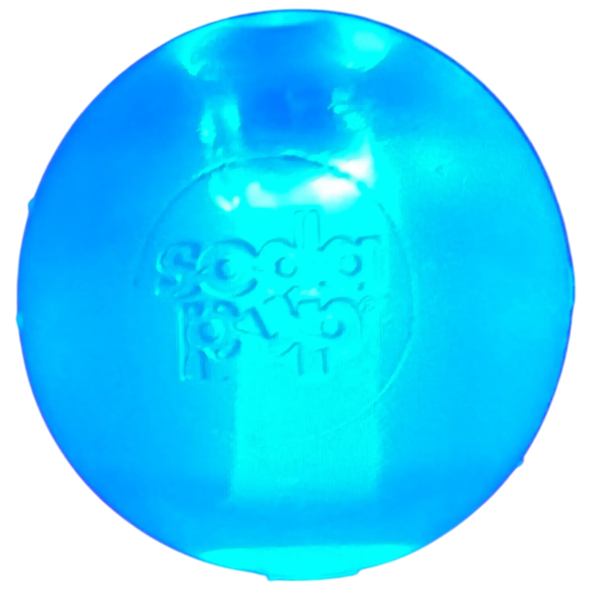 Scoot Strobe Light Up Dog Ball – Blue translucent ball with Scoot branding on white background – Floating fetch toy – Rosie's Pet Paradise

