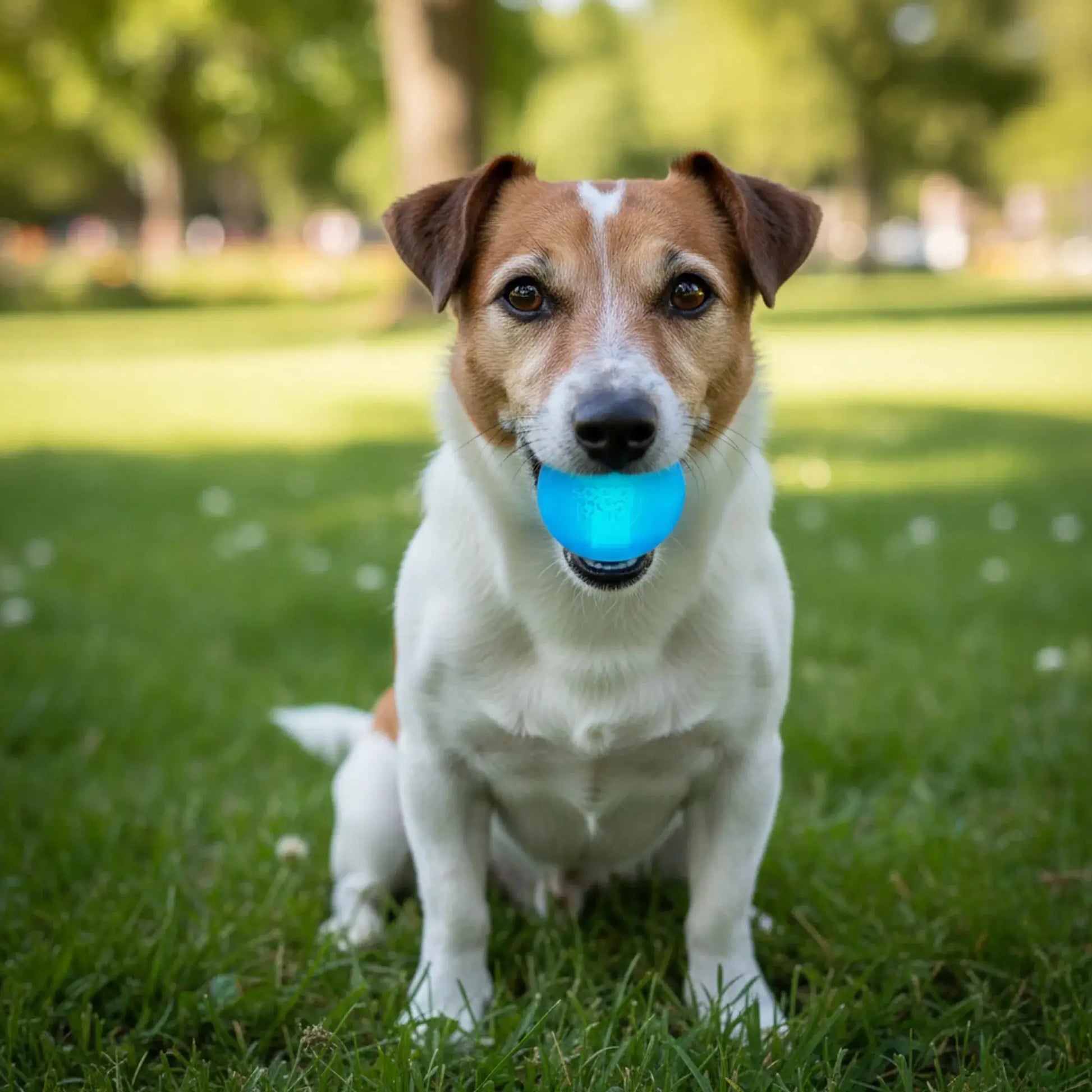 Scoot Strobe Light Up Dog Ball – Blue translucent ball with Scoot branding on white background – Floating fetch toy – Rosie's Pet Paradise