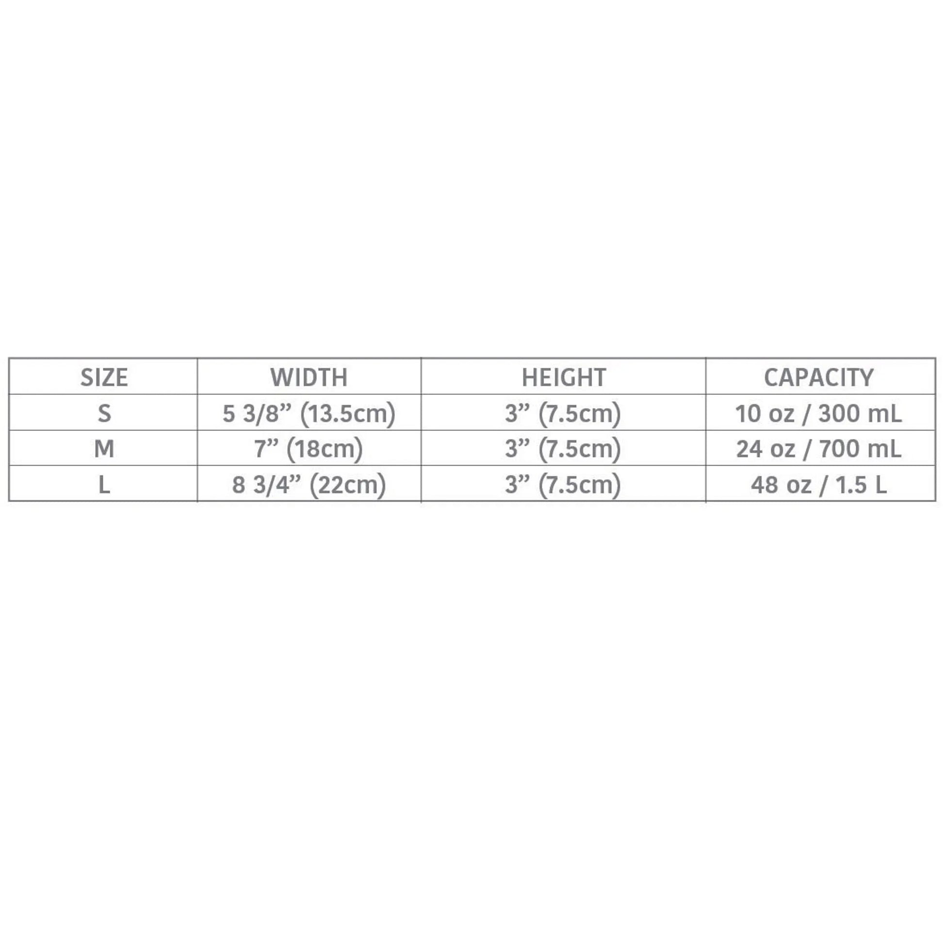 Table with size, width, height, and capacity details of containers on a white background