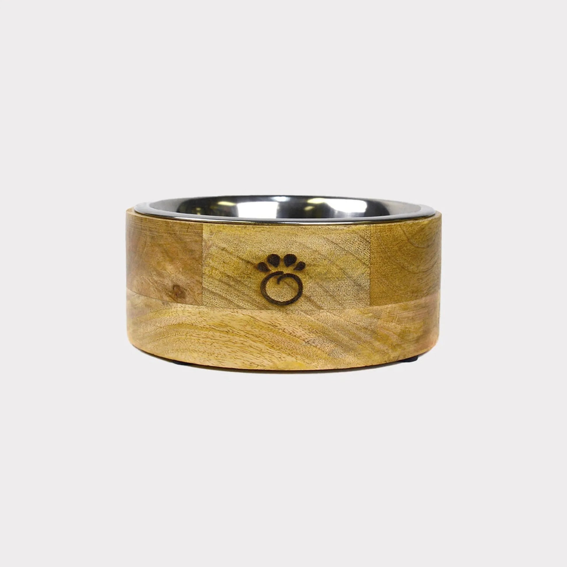 Wooden pet bowl with metal rim on a white background
