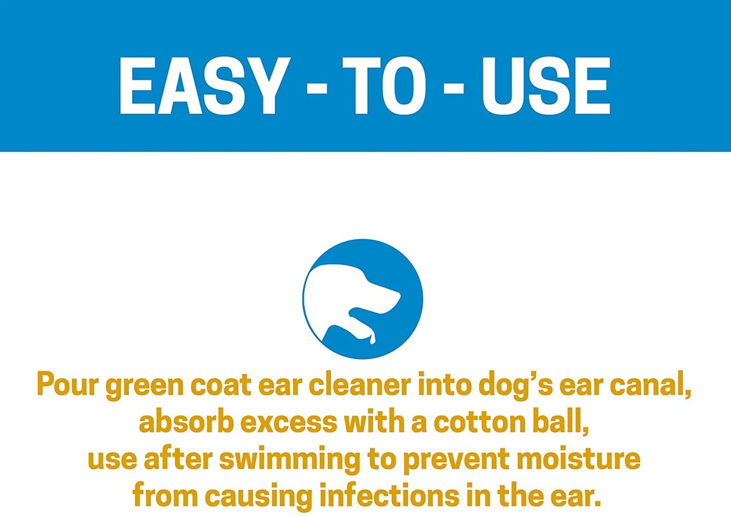 Instructional graphic for using dog ear cleaner with text and a blue icon of a dog's head.