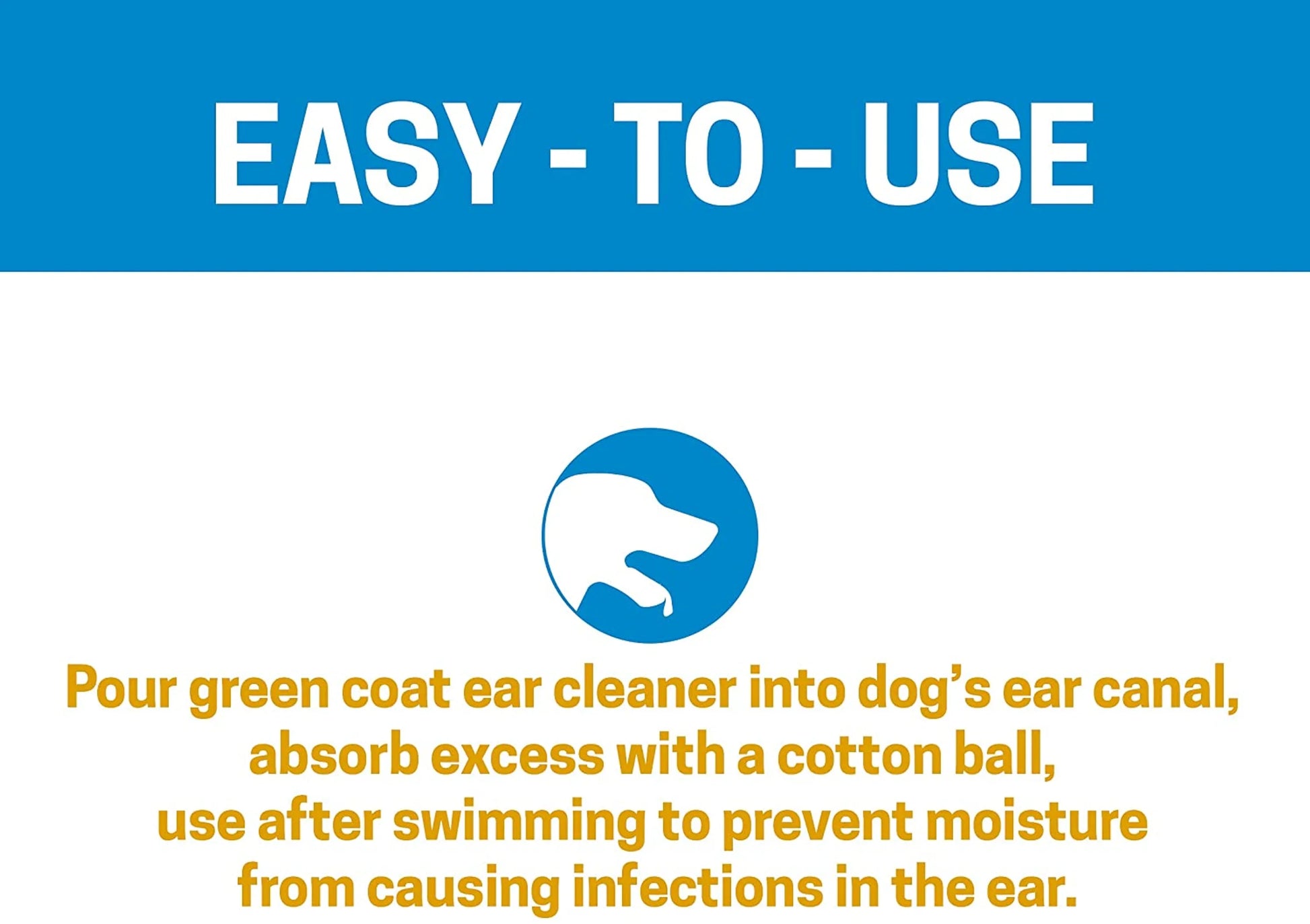 Instructional graphic for using dog ear cleaner with text and a blue icon of a dog's head.