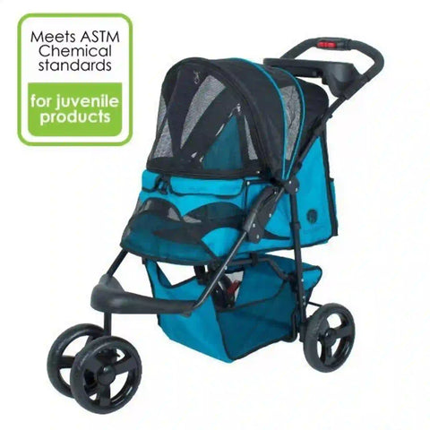 A blue and black durable pet stroller with large wheels and mesh windows, designed for carrying pets. It has a removeable fabric cover, a storage basket, and a cup holder tray.