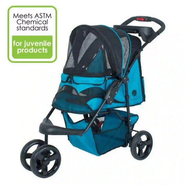 A blue and black durable pet stroller with large wheels and mesh windows, designed for carrying pets. It has a removeable fabric cover, a storage basket, and a cup holder tray.