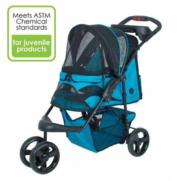 A blue and black durable pet stroller with large wheels and mesh windows, designed for carrying pets. It has a removeable fabric cover, a storage basket, and a cup holder tray.