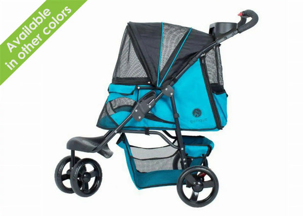 A blue and black durable pet stroller with large wheels and mesh windows, designed for carrying pets. It has a removeable fabric cover, a storage basket, and a cup holder tray.