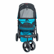 A blue and black durable pet stroller with large wheels and mesh windows, designed for carrying pets. It has a removeable fabric cover, a storage basket, and a cup holder tray.
