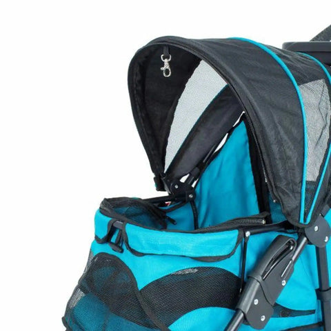 A blue and black durable pet stroller with large wheels and mesh windows, designed for carrying pets. It has a removeable fabric cover, a storage basket, and a cup holder tray.