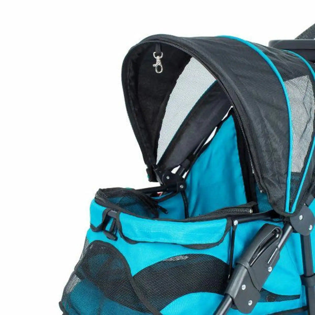 A blue and black durable pet stroller with large wheels and mesh windows, designed for carrying pets. It has a removeable fabric cover, a storage basket, and a cup holder tray.