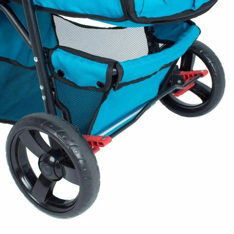 A blue and black durable pet stroller with large wheels and mesh windows, designed for carrying pets. It has a removeable fabric cover, a storage basket, and a cup holder tray.