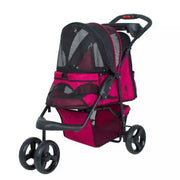 A pink and black durable pet stroller with large wheels and mesh windows, designed for carrying pets. It has a removeable fabric cover, a storage basket, and a cup holder tray.