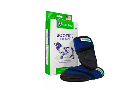 Healers Medical Dog Booties set includes two blue medical boots and gauze inserts, perfect for paw protection and healing.